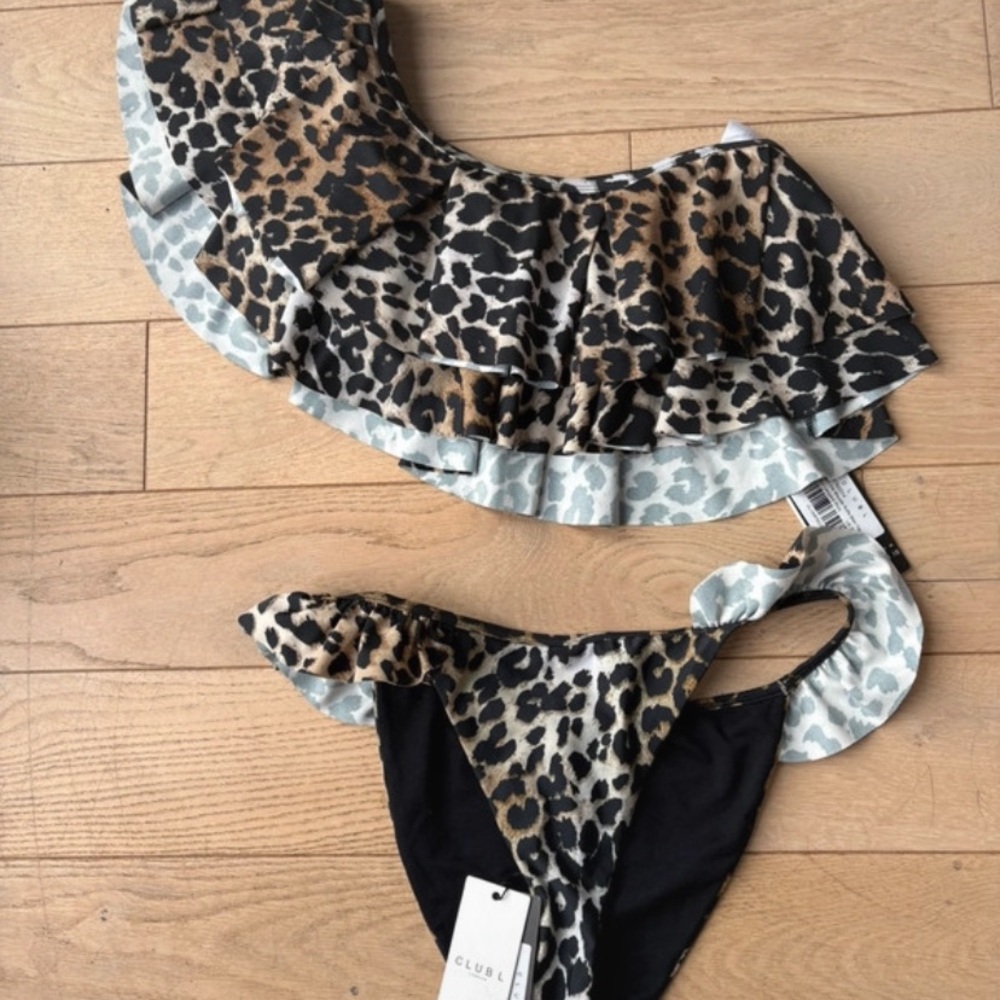 One-Shoulder Leopard Print Ruffle Bikini Set - Black/Brown